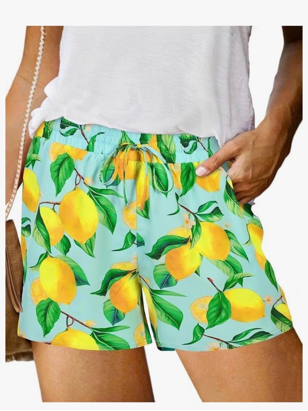 Lemon Print Drawstring Women’s Shorts - blue background. Size 4x.